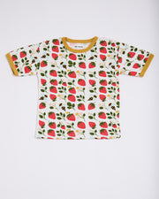Front of short sleeved t-shirt featuring an all over strawberry and bees print with contrast honey neck and sleeve trim.