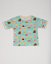 Front of short sleeved t-shirt featuring an all over turquoise ice cream print with contrast ecru neck and sleeve trim.