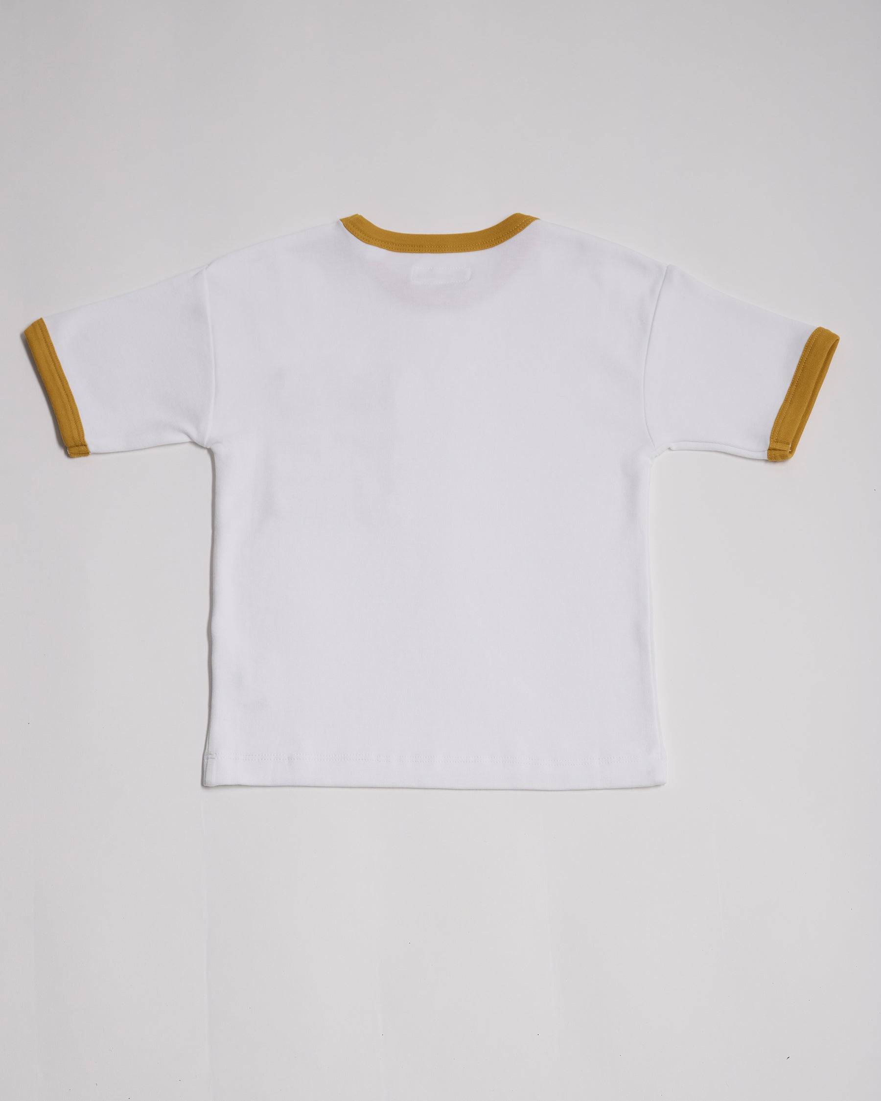 Back of white short sleeved t-shirt with honey neck and sleeve trim.