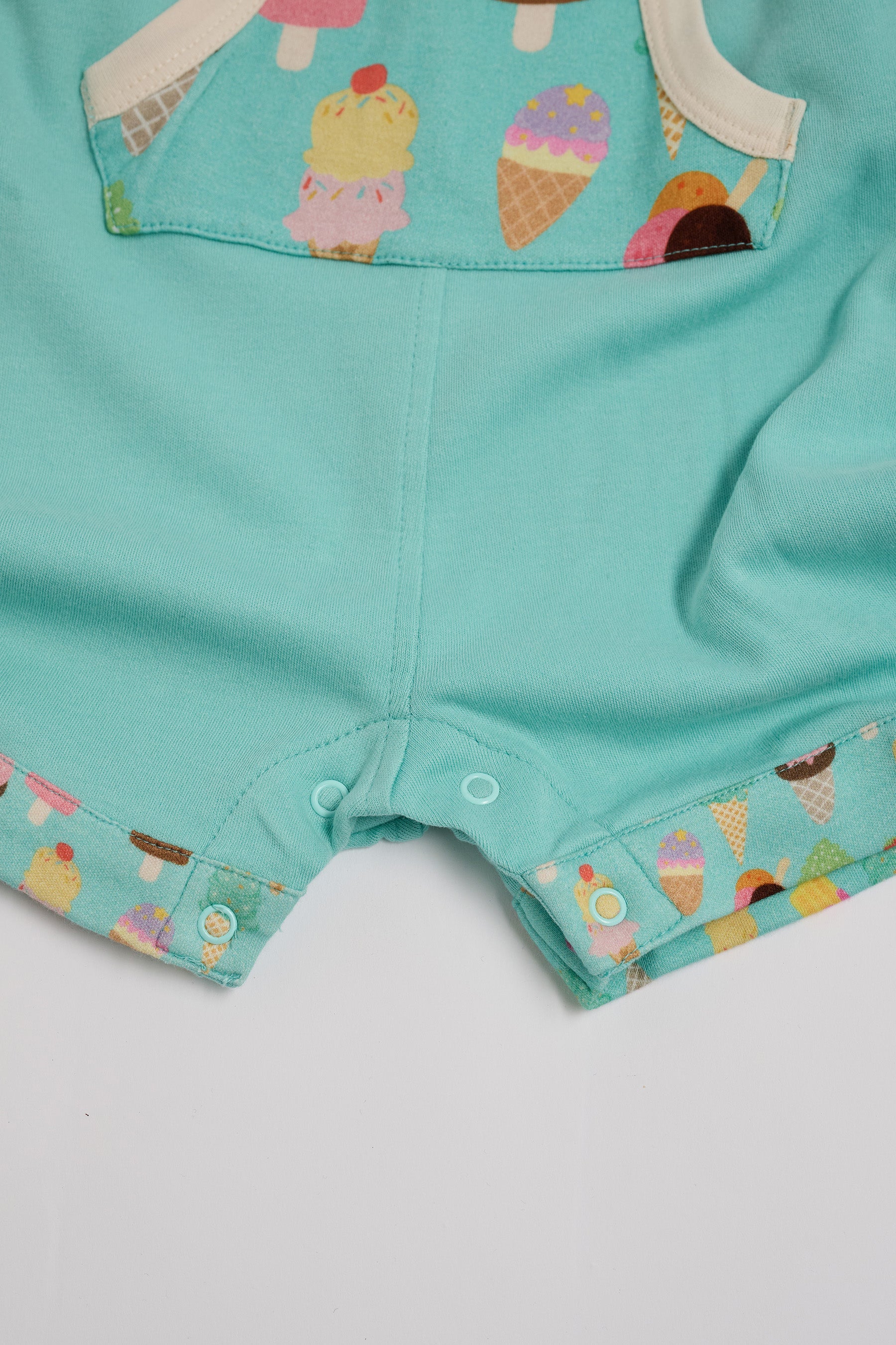 Close-up of crotch poppers on turquoise short dungarees with bright ice cream print fixed turn-ups and pocket and vanilla trim.